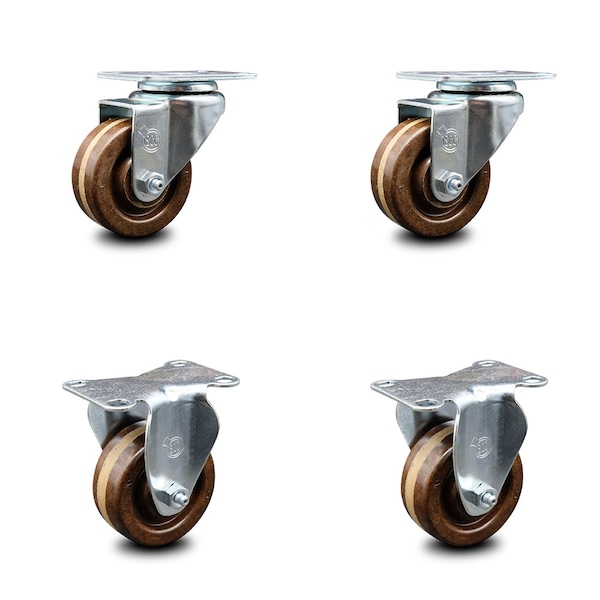 3 Inch High Temp Phenolic Wheel Swivel Top Plate Caster Set with 2 Rigid SCC